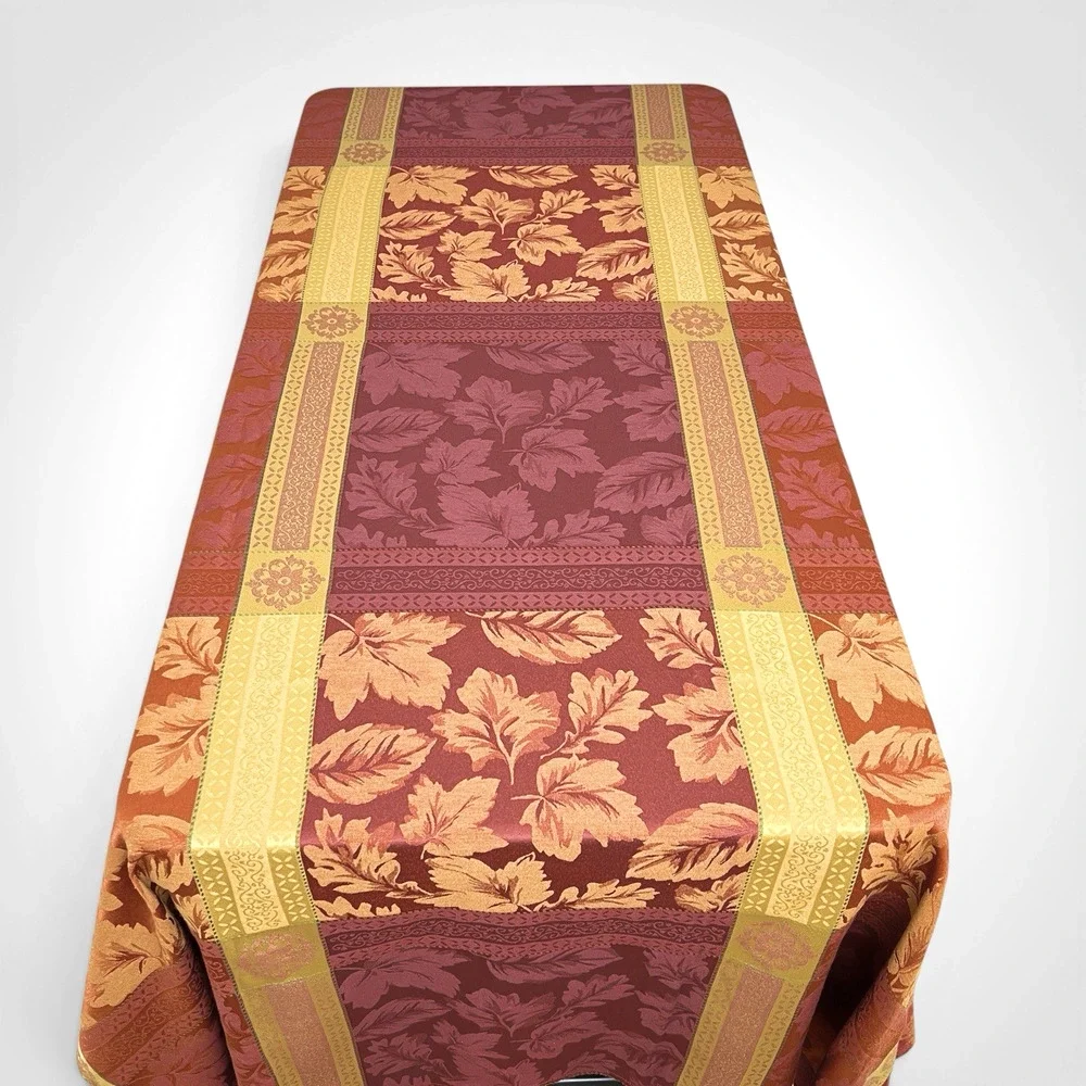 Autumn Leaves Tablecloth Woven Jacquard 98x58 Oblong Gold Red Fall Harvest